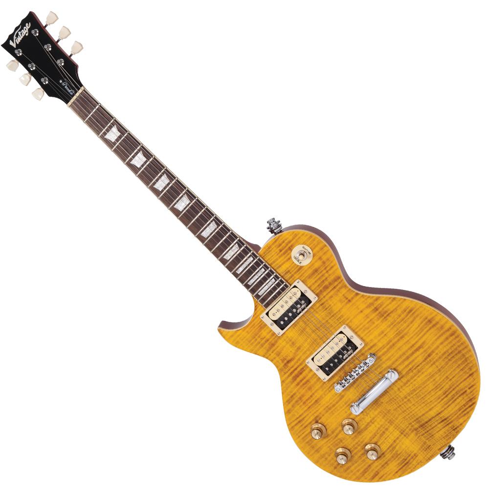 Guitarra elétrica vintage V100AFD reeditada ~ Flamed Amber para mão esquerda