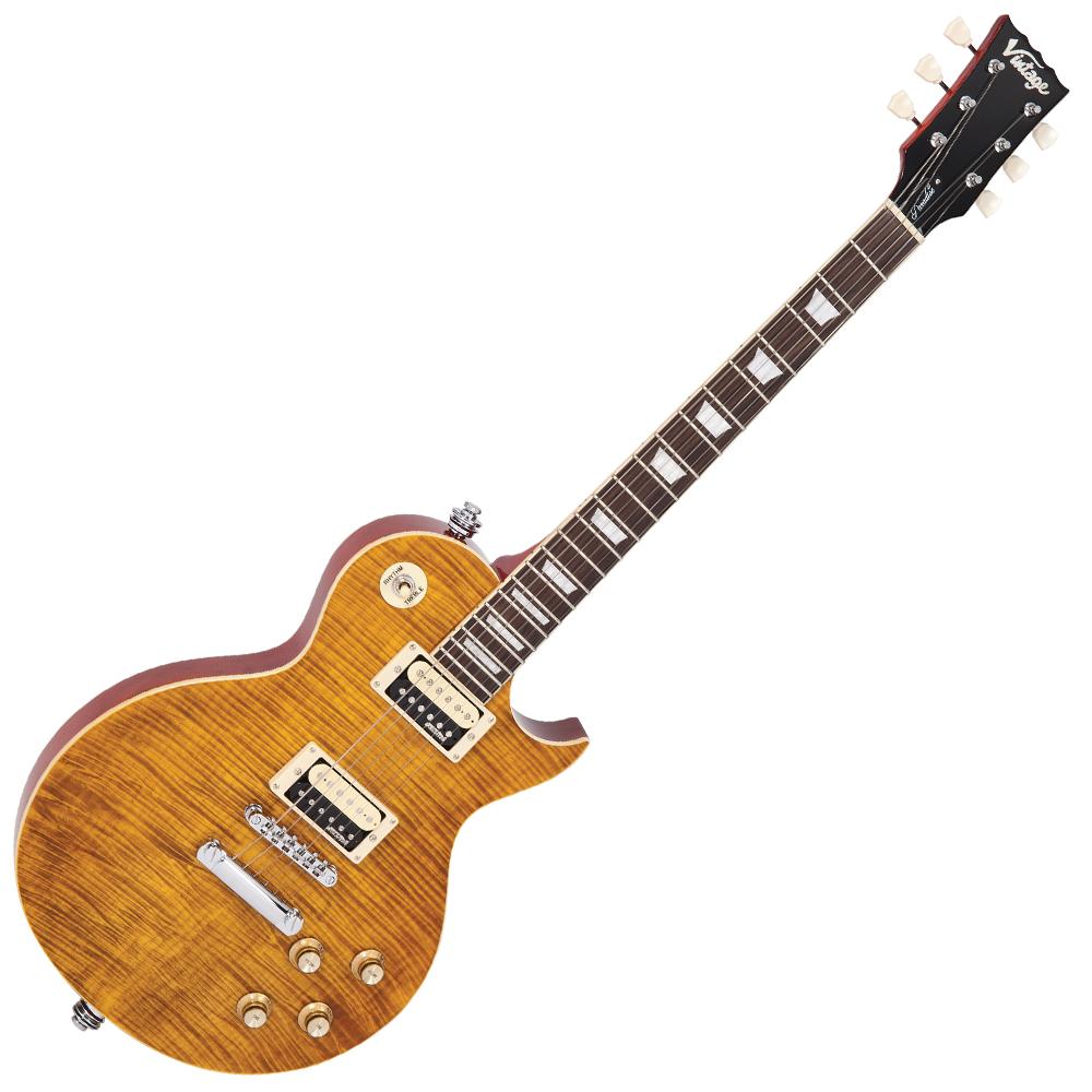 Guitarra elétrica vintage V100AFD relançada ~ Flamed Amber